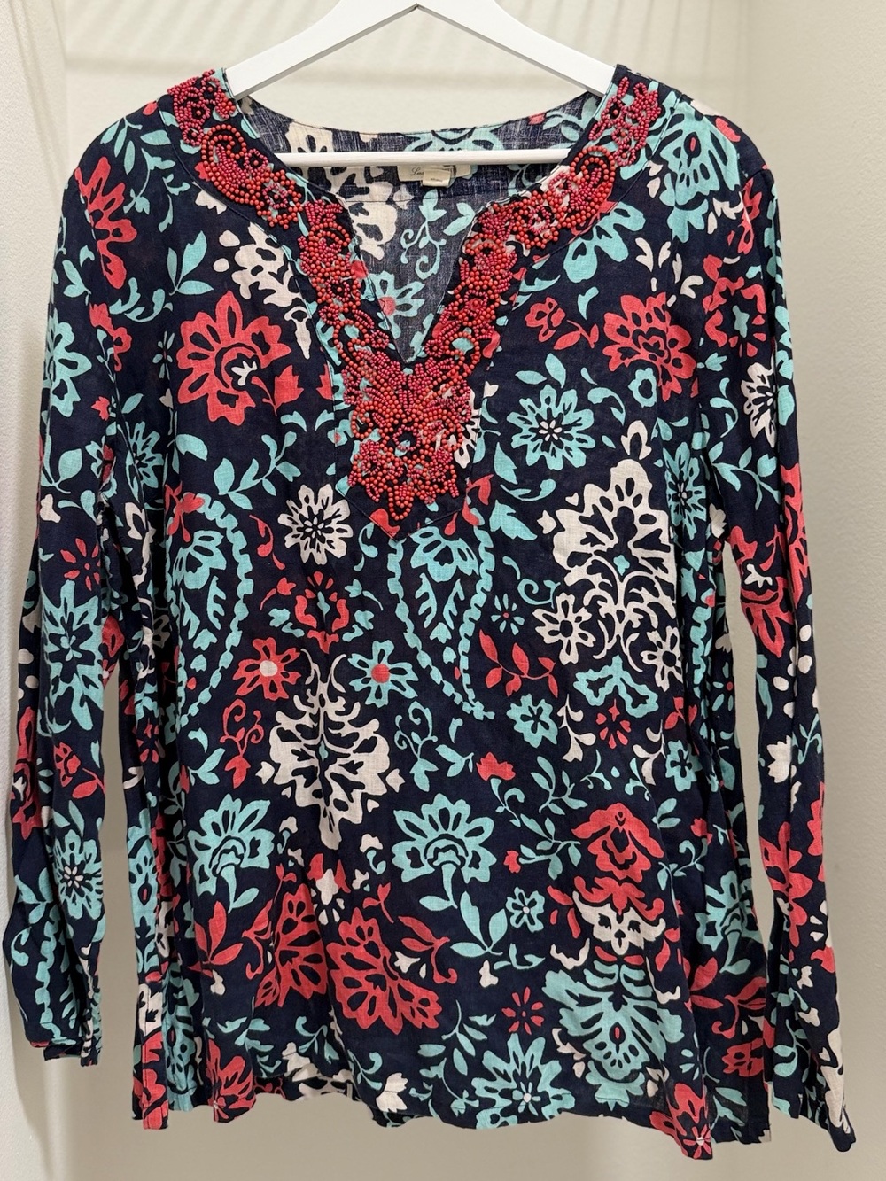 100% Linen Boho Charter Club Navy Floral V-Neck Top with Coral & Teal Accents